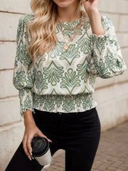 All Over Print Wrinkle Round Neck Long Sleeve Blouse