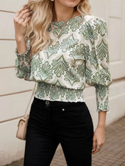 All Over Print Wrinkle Round Neck Long Sleeve Blouse