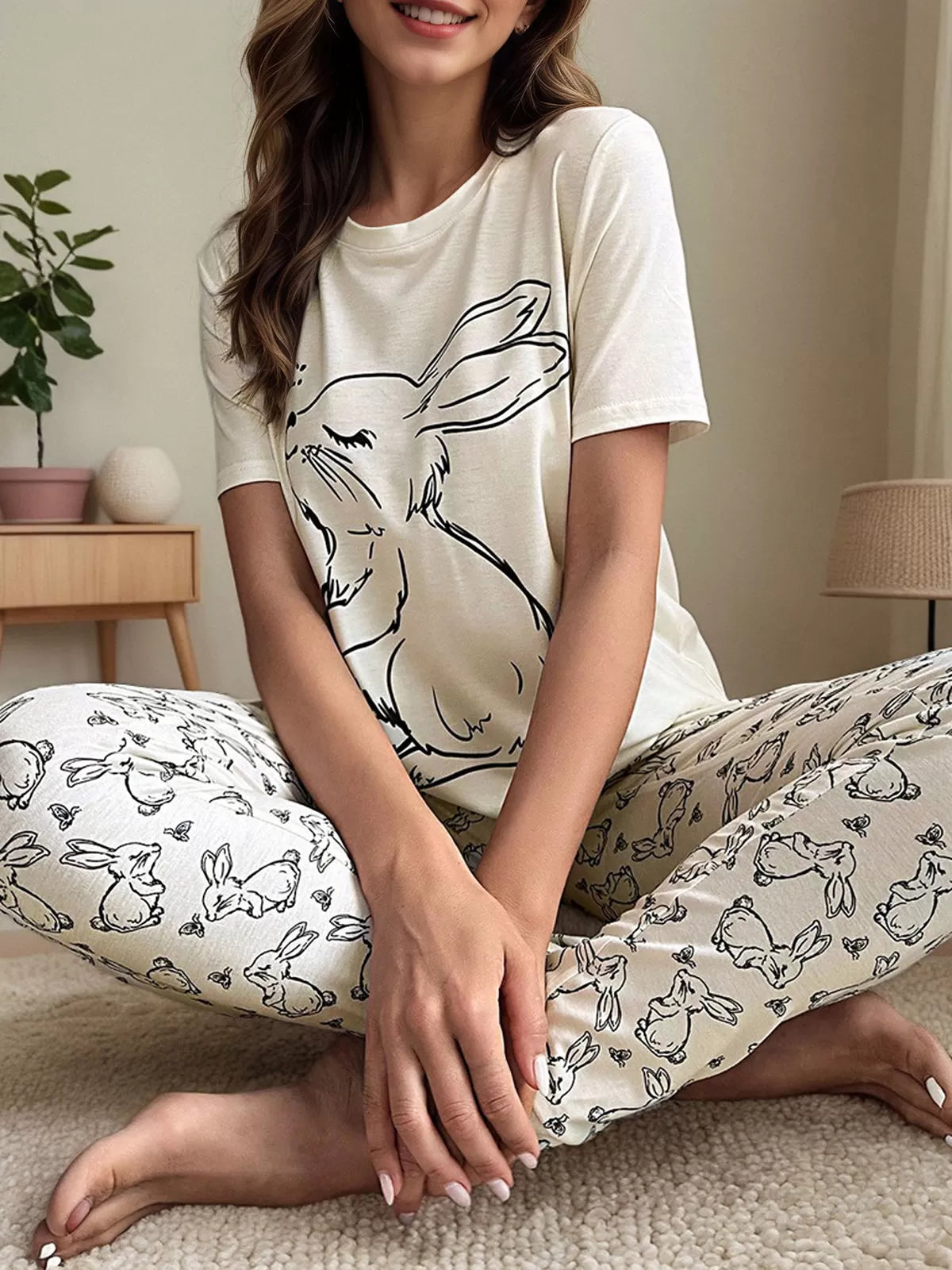 Animal Rabbit Short Sleeve Pajama Pants Set