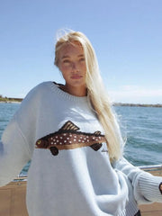 Fashion Vintage Print Animal Rib-knit Round Neck Drop Shoulder Loose Fit Sweater