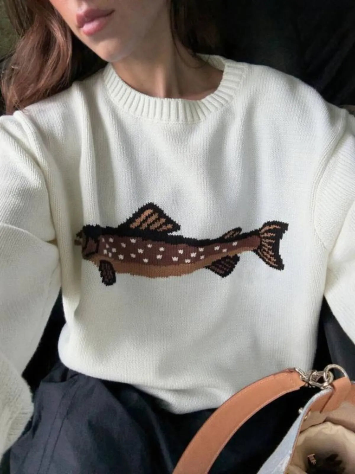 Fashion Vintage Print Animal Rib-knit Round Neck Drop Shoulder Loose Fit Sweater