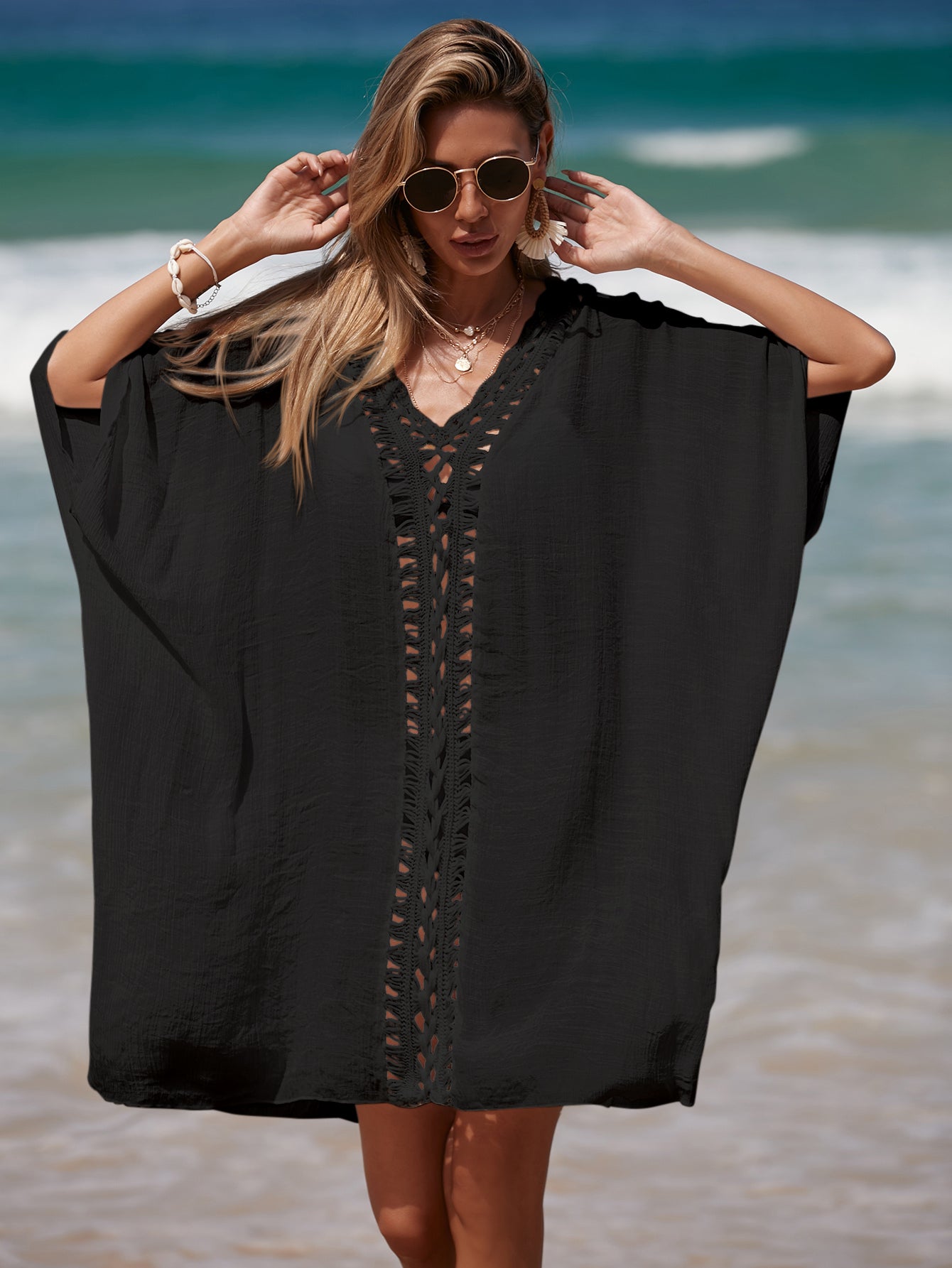 Solid Crochet Cutouts Round Neck Cover Up