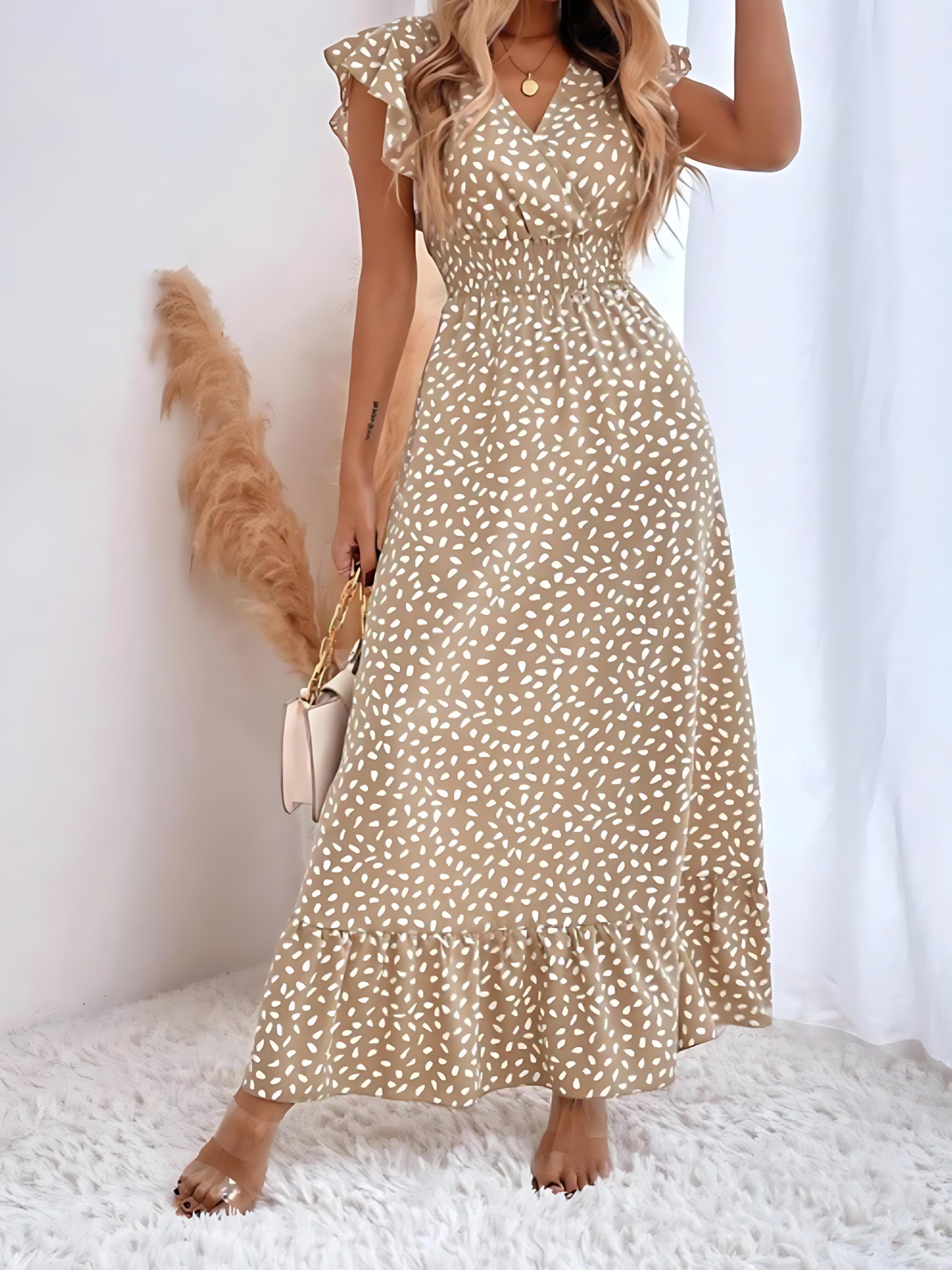 Ditsy Floral All Over Print Boho Ruffles Cap Sleeve V-neck Flounce Sleeve A-line Dress