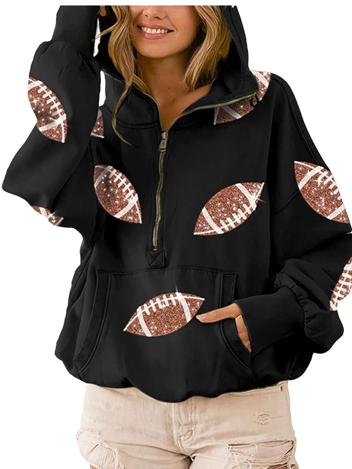 Ball Zipper Hooded Game Day Football Sequin Sweatshirt