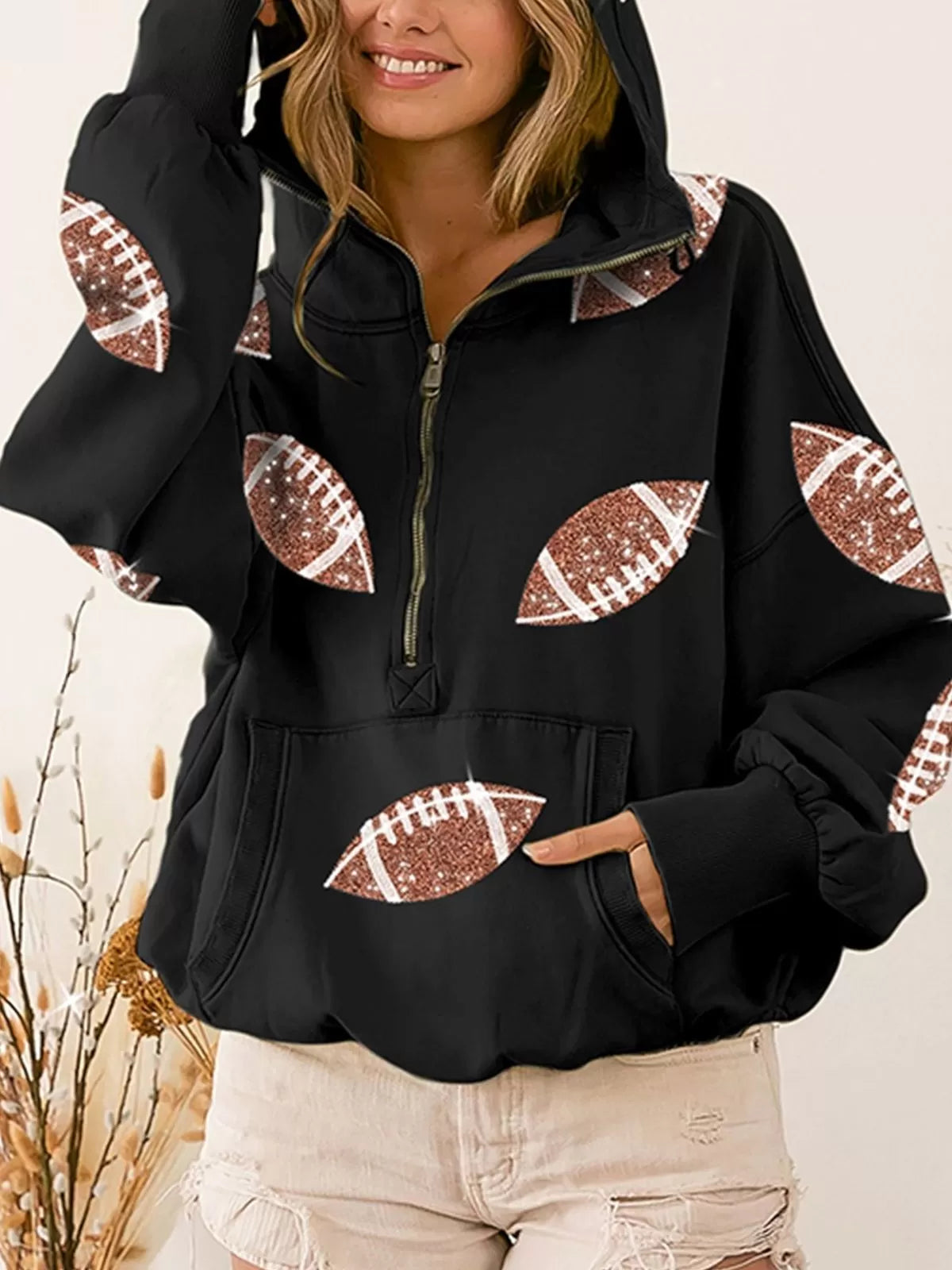 Ball Zipper Hooded Game Day Football Sequin Sweatshirt