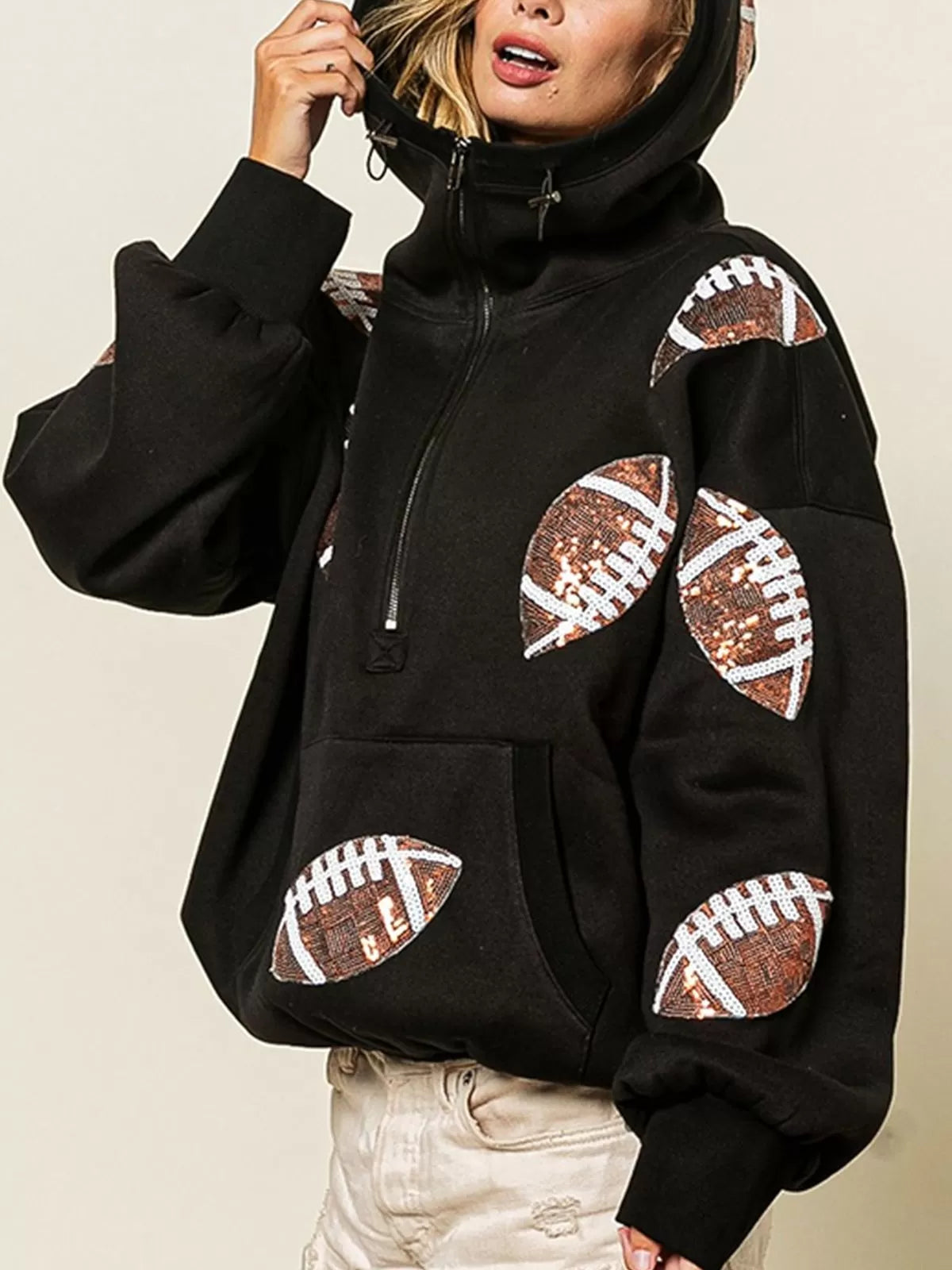 Ball Zipper Hooded Game Day Football Sequin Sweatshirt