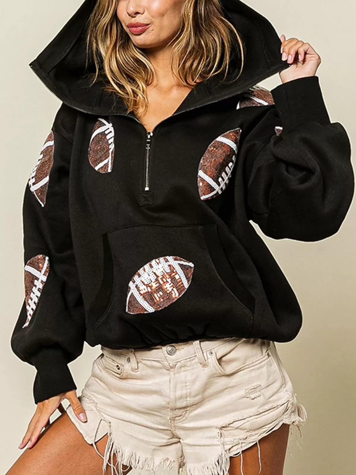 Ball Zipper Hooded Game Day Football Sequin Sweatshirt