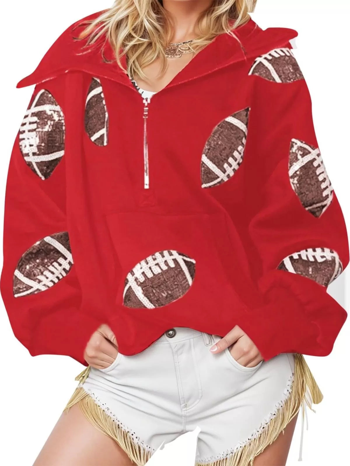 Ball Zipper Hooded Game Day Football Sequin Sweatshirt
