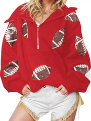 Ball Zipper Hooded Game Day Football Sequin Sweatshirt