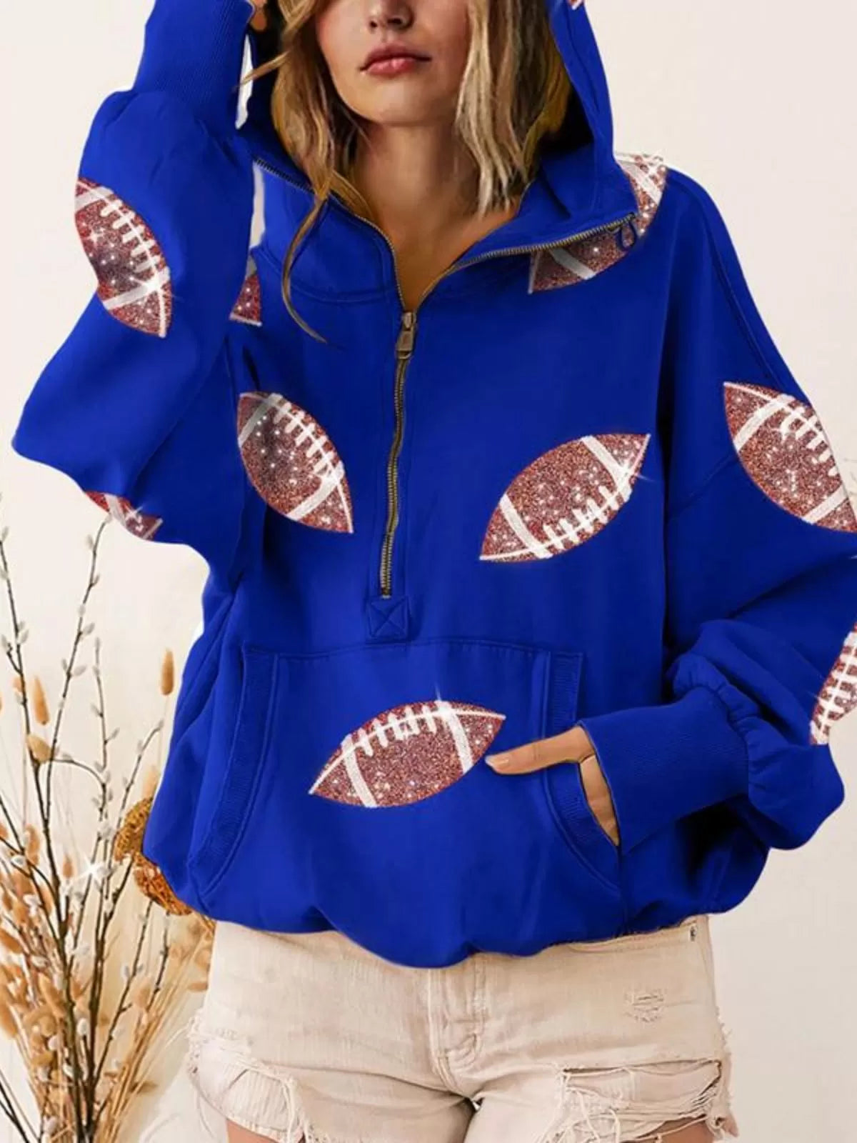 Ball Zipper Hooded Game Day Football Sequin Sweatshirt