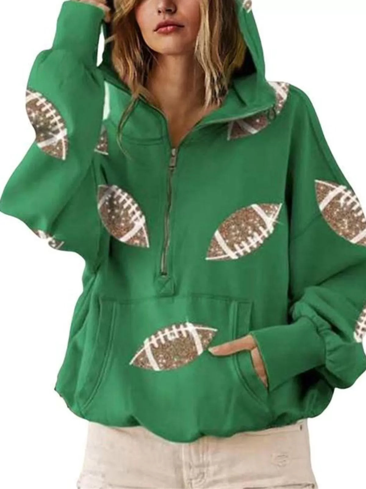 Ball Zipper Hooded Game Day Football Sequin Sweatshirt