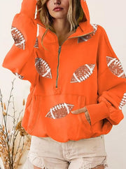 Ball Zipper Hooded Game Day Football Sequin Sweatshirt