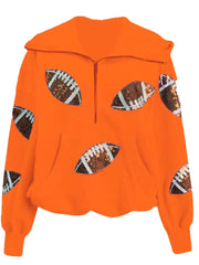 Ball Zipper Hooded Game Day Football Sequin Sweatshirt