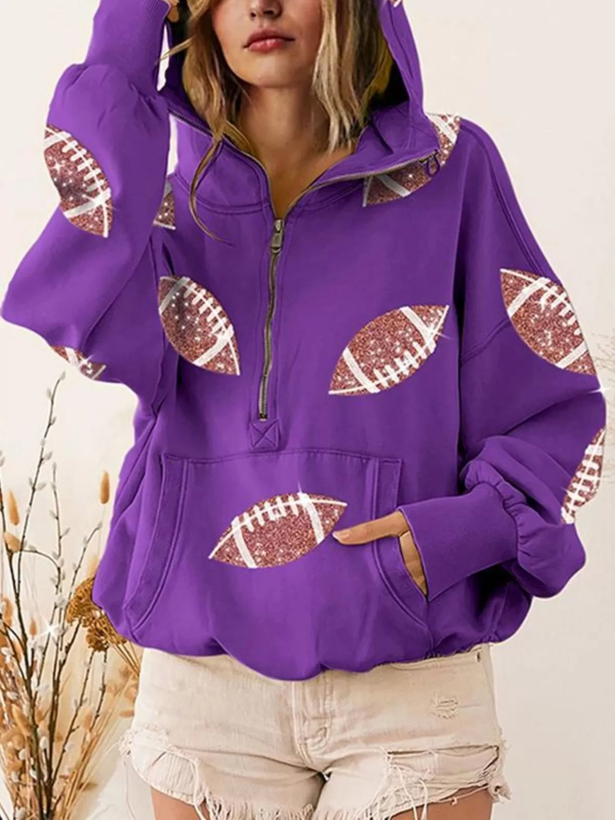 Ball Zipper Hooded Game Day Football Sequin Sweatshirt