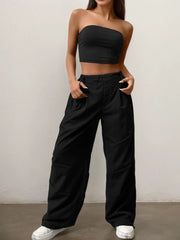 Solid Strapless Crop Top & Solid Drawstring Waist Cargo Pants