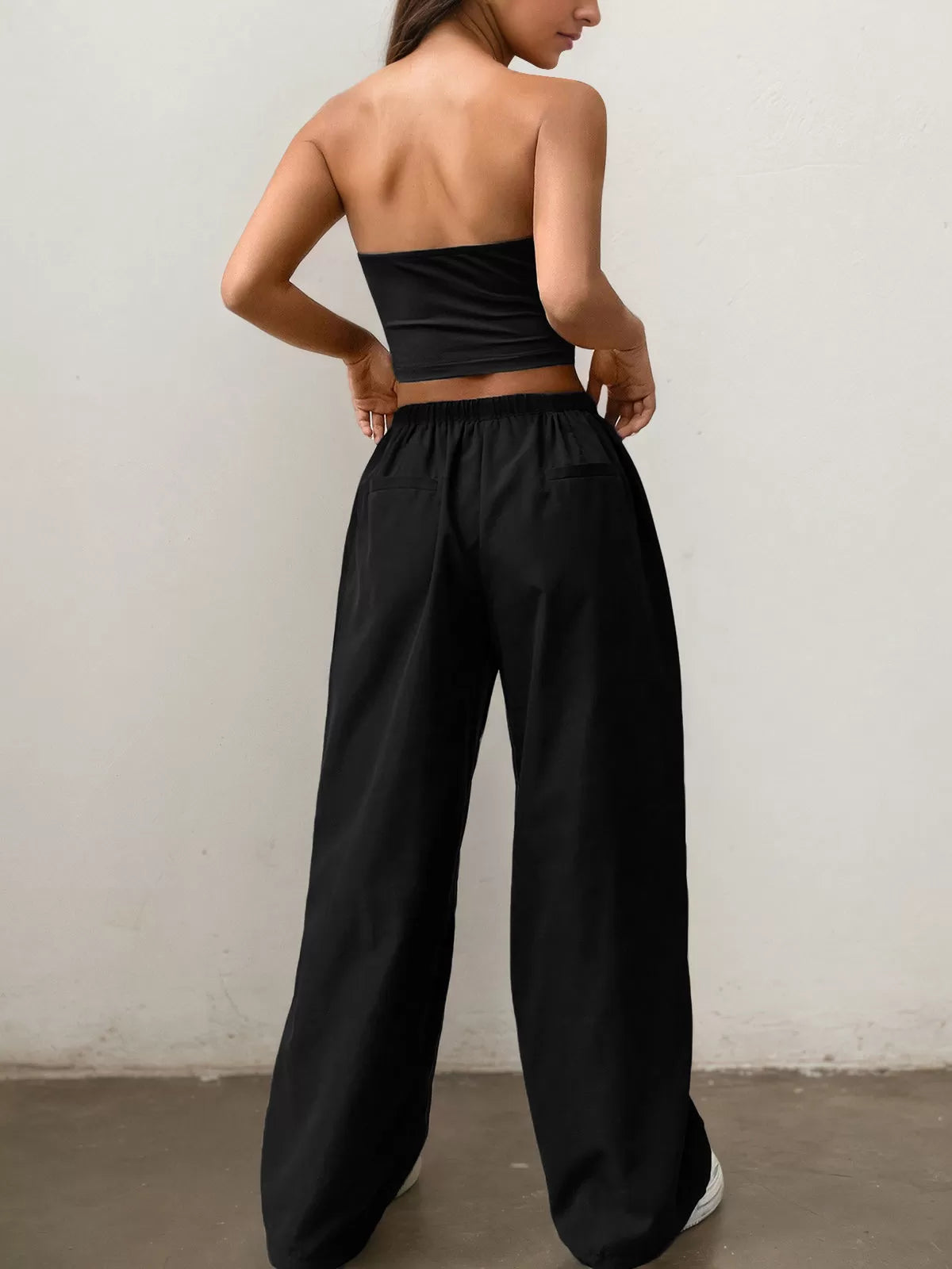Solid Strapless Crop Top & Solid Drawstring Waist Cargo Pants