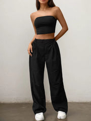 Solid Strapless Crop Top & Solid Drawstring Waist Cargo Pants