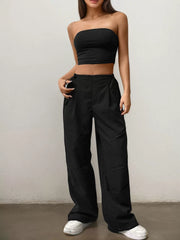 Solid Strapless Crop Top & Solid Drawstring Waist Cargo Pants