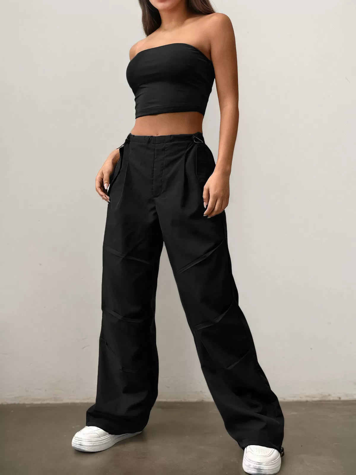 Solid Strapless Crop Top & Solid Drawstring Waist Cargo Pants