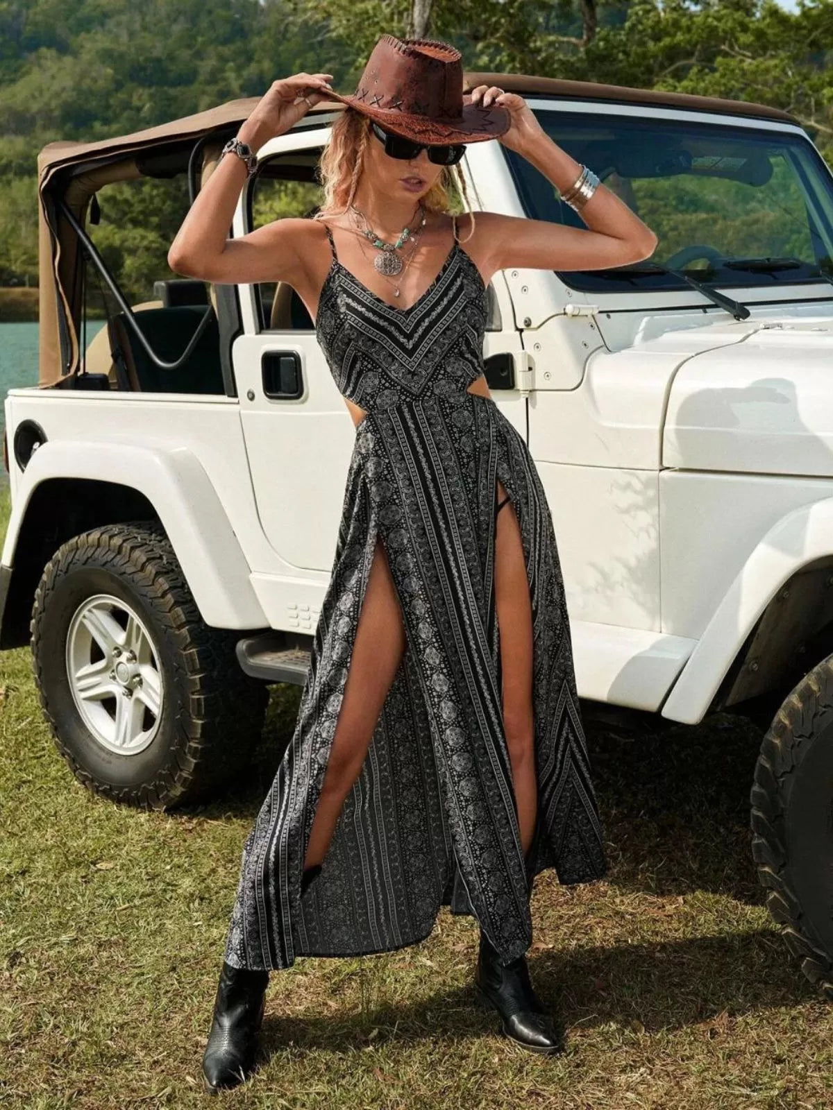 Paisley Bohemian Beach Holiday Vacation Cut Out Spaghetti Strap Slit A-line Dress