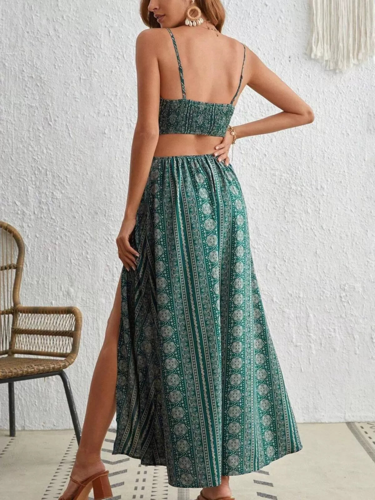 Paisley Bohemian Beach Holiday Vacation Cut Out Spaghetti Strap Slit A-line Dress