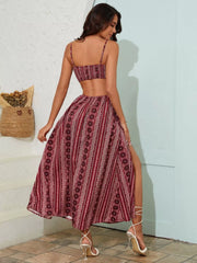 Paisley Bohemian Beach Holiday Vacation Cut Out Spaghetti Strap Slit A-line Dress