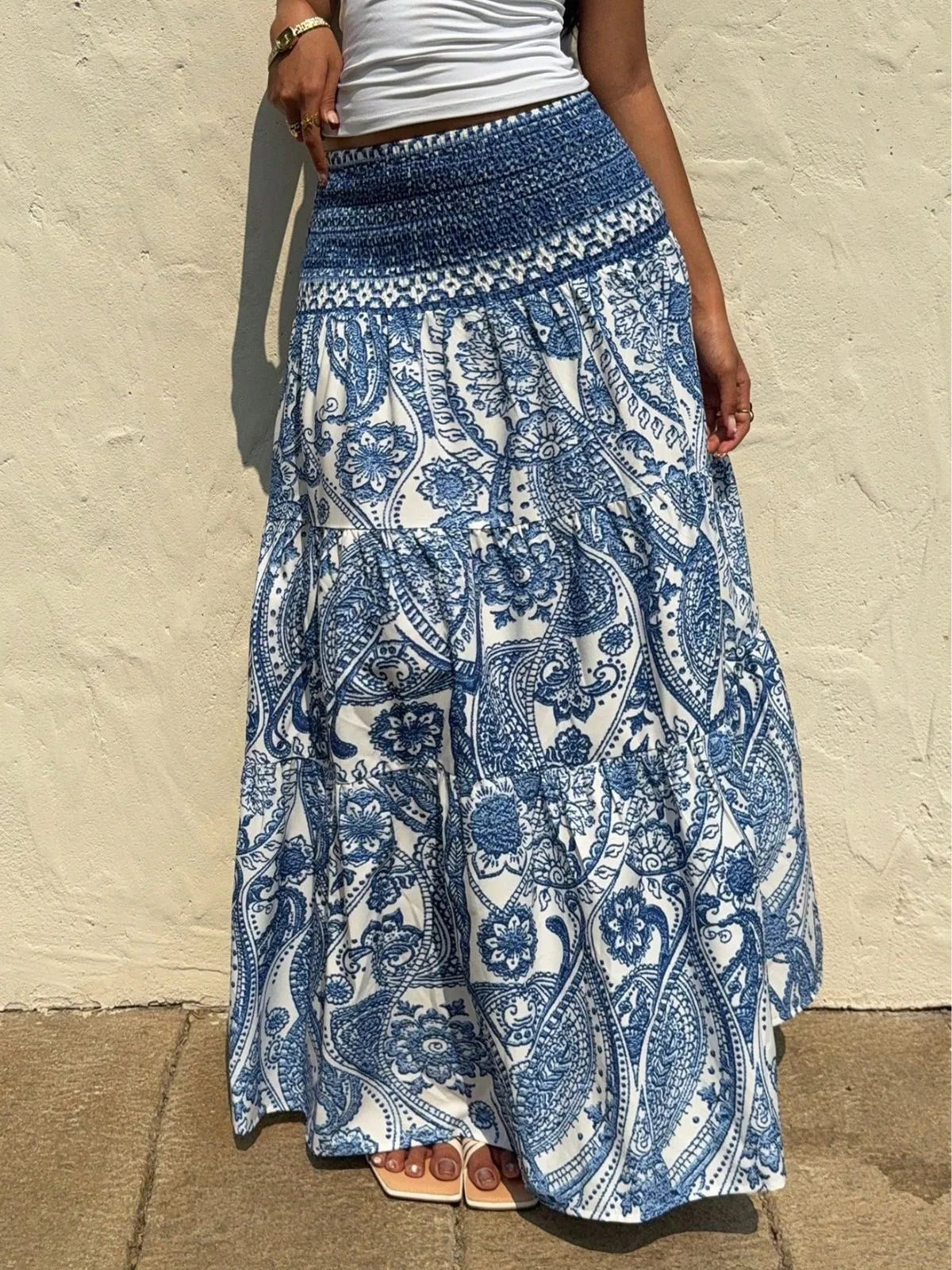 Bohemian Printed Vacation Wear Paisley Ruffles High Rise Skirt