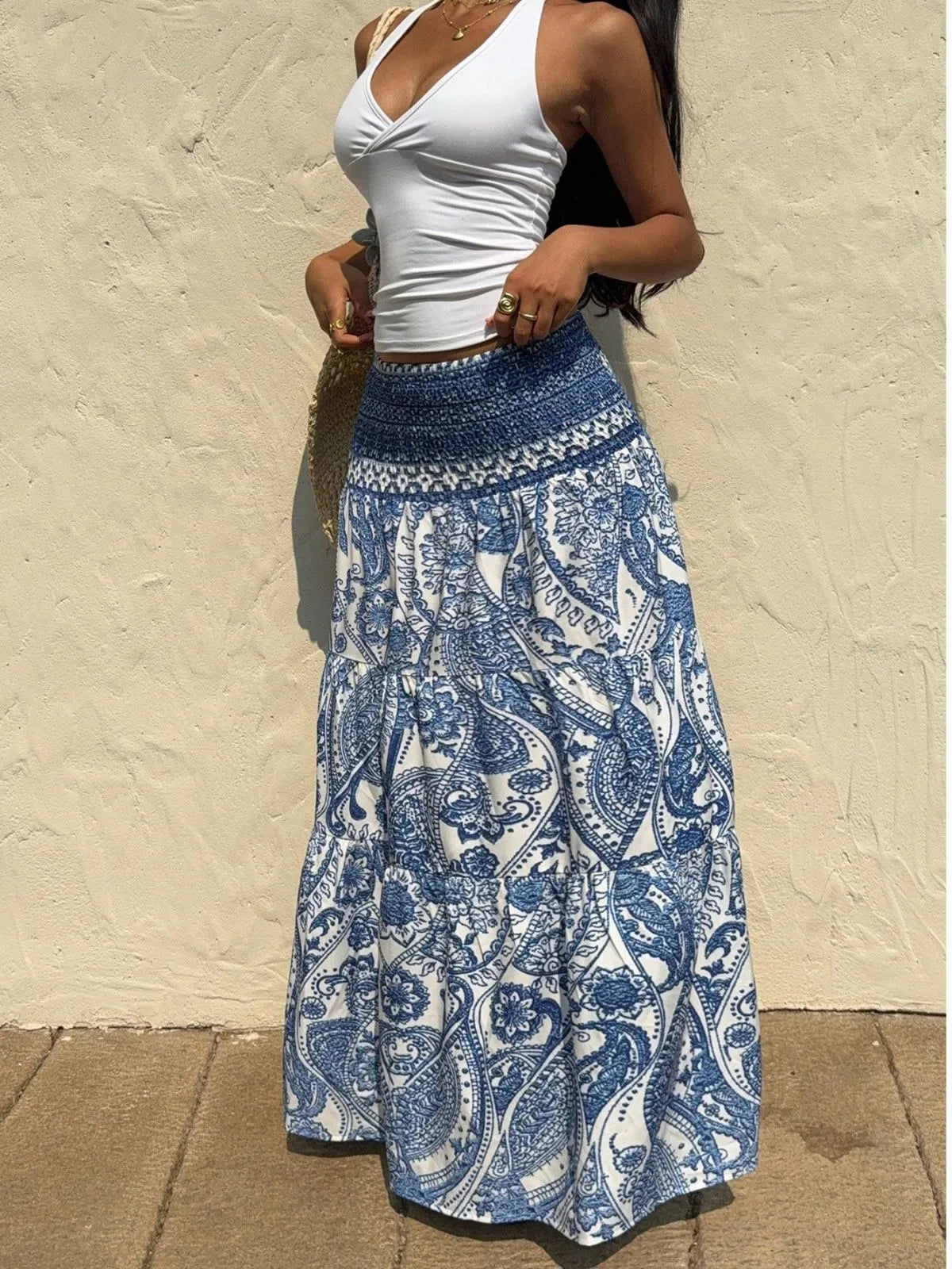Bohemian Printed Vacation Wear Paisley Ruffles High Rise Skirt