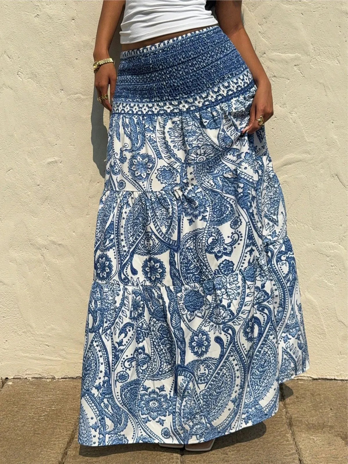Bohemian Printed Vacation Wear Paisley Ruffles High Rise Skirt