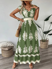 Bohemian Wrinkle V-neck Cap A-line Dress