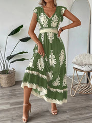 Bohemian Wrinkle V-neck Cap A-line Dress
