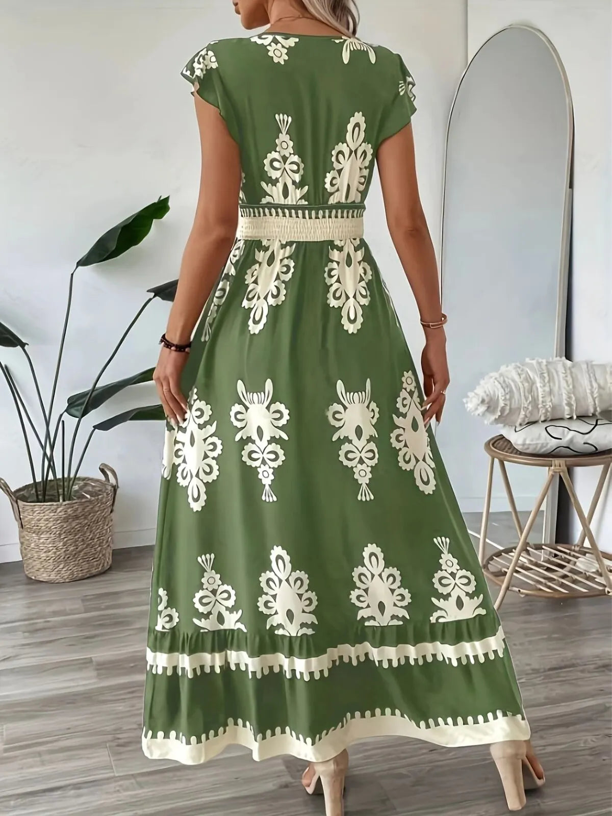 Bohemian Wrinkle V-neck Cap A-line Dress