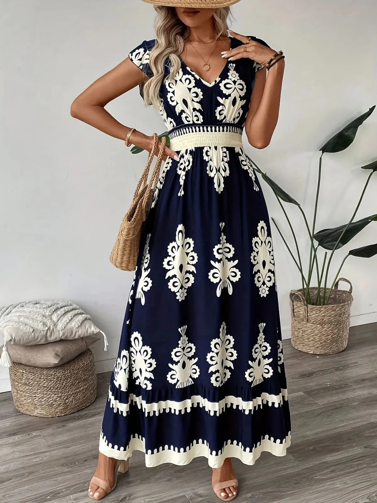 Bohemian Wrinkle V-neck Cap A-line Dress