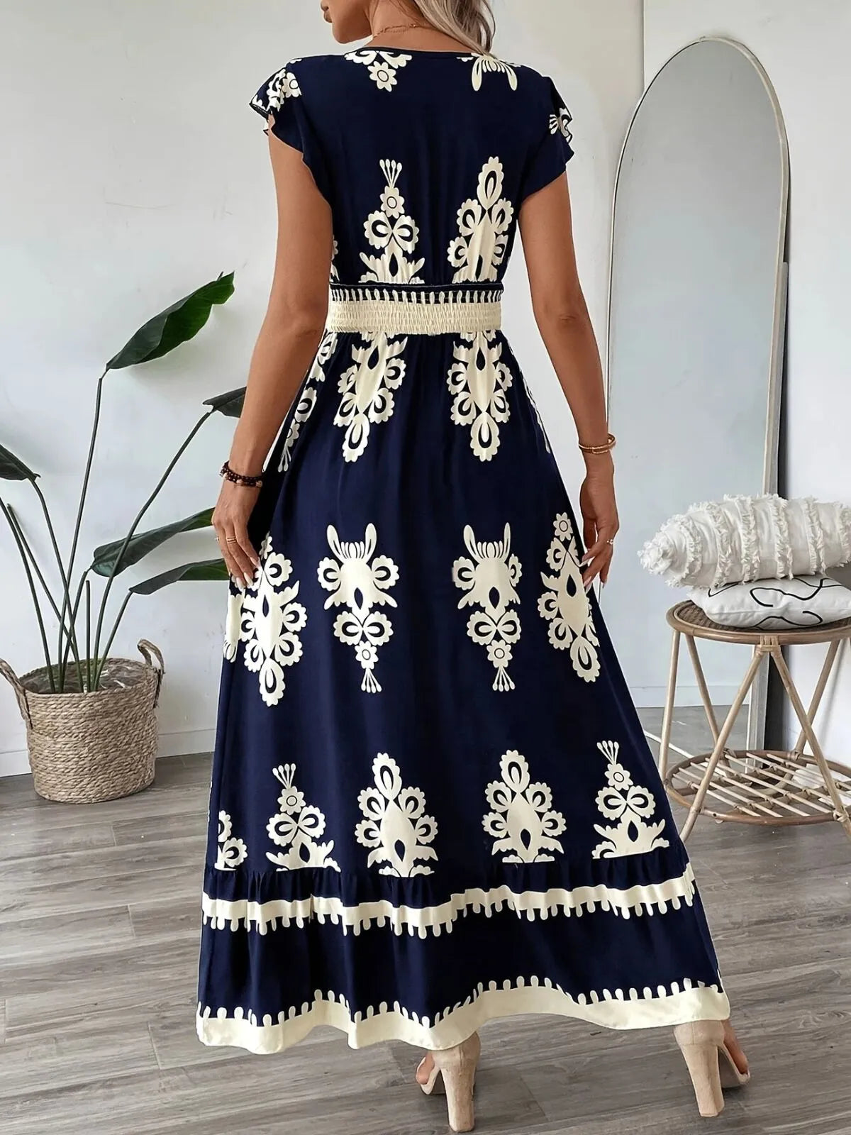 Bohemian Wrinkle V-neck Cap A-line Dress