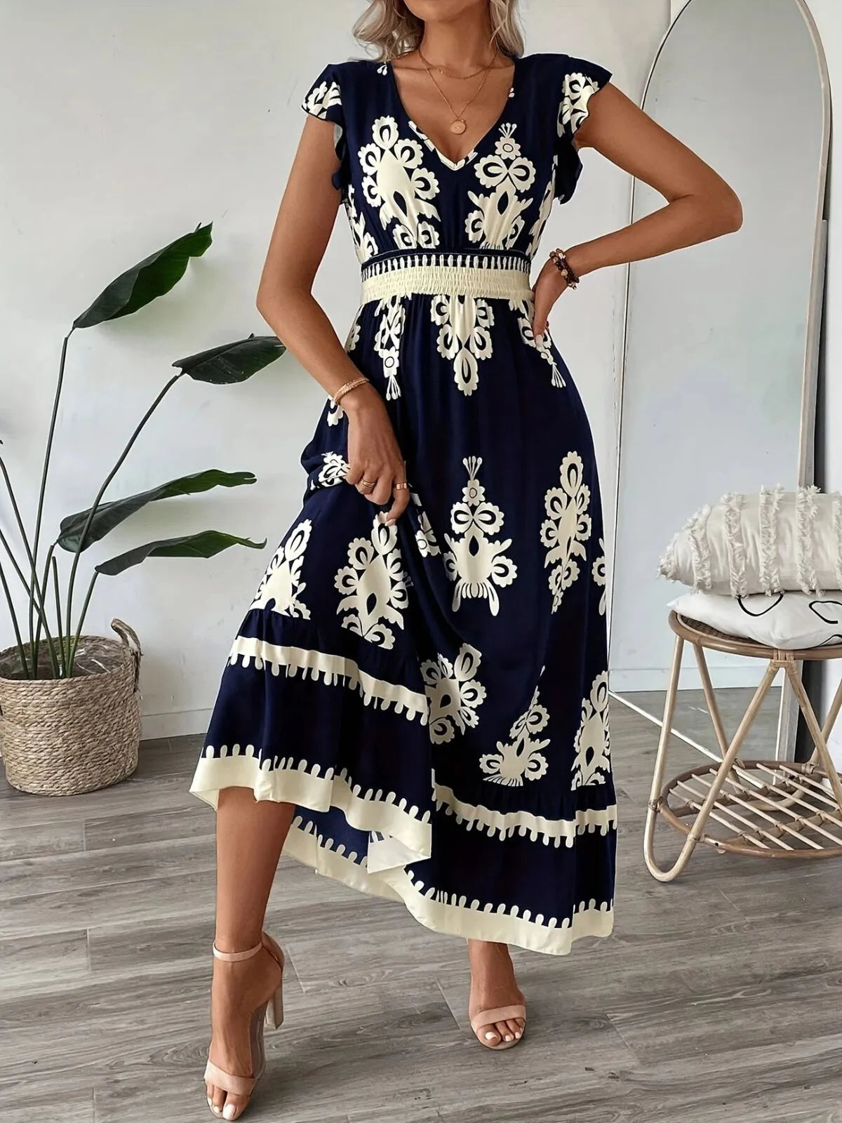 Bohemian Wrinkle V-neck Cap A-line Dress