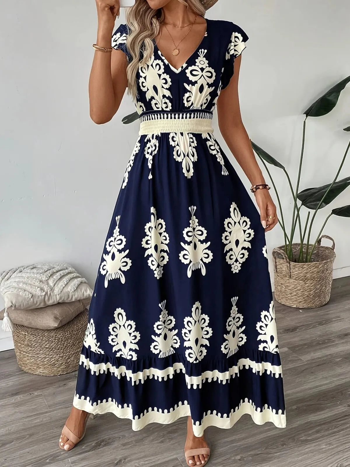 Bohemian Wrinkle V-neck Cap A-line Dress