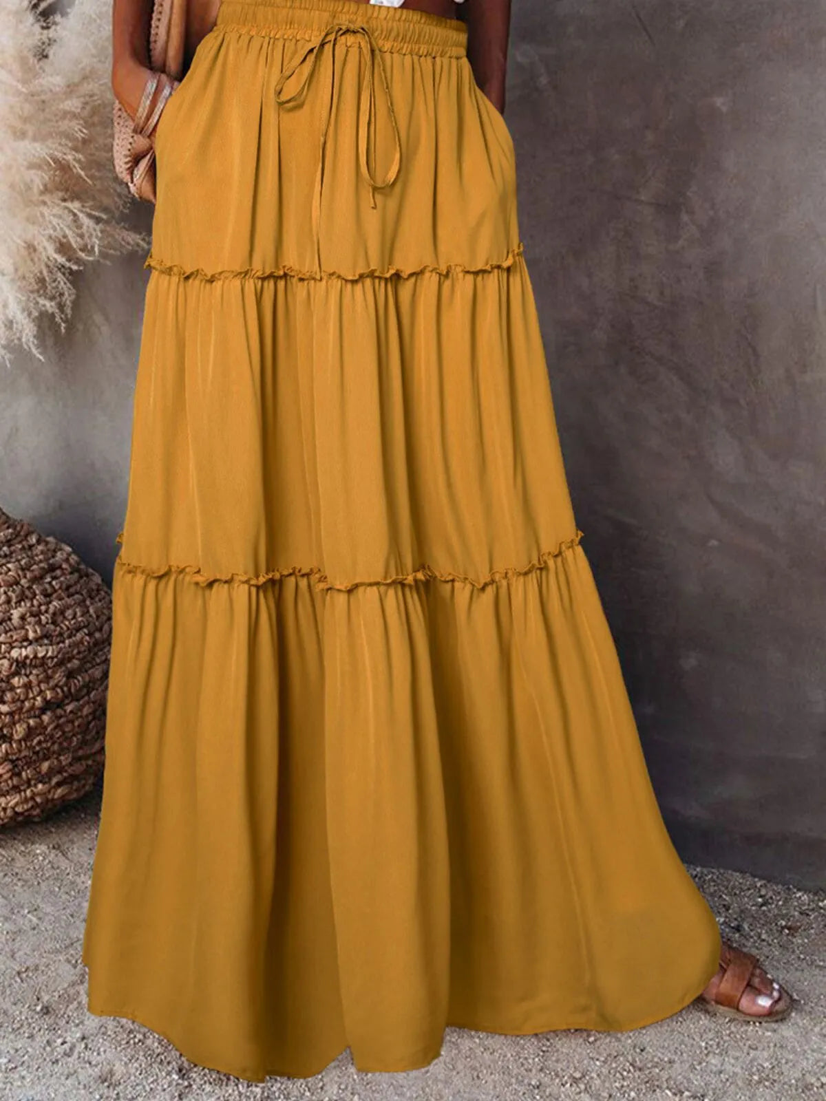Boho Mustard Yellow High Rise Tiered Ruched Slip-on Long Skirt