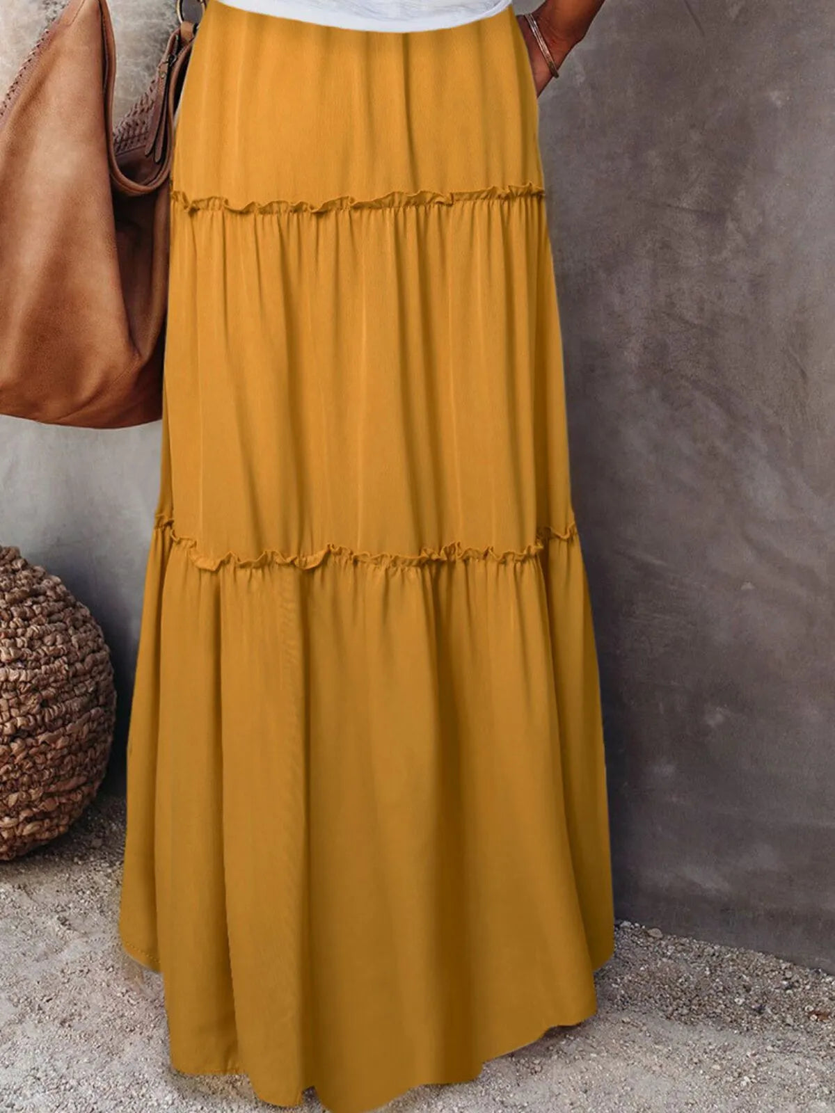 Boho Mustard Yellow High Rise Tiered Ruched Slip-on Long Skirt