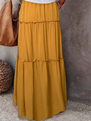 Boho Mustard Yellow High Rise Tiered Ruched Slip-on Long Skirt