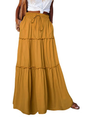 Boho Mustard Yellow High Rise Tiered Ruched Slip-on Long Skirt