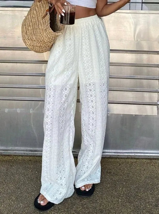 Boho White Hollow Out High Rise Slip-On Loose Beach Pants 617