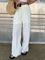 Boho White Hollow Out High Rise Slip-On Loose Beach Pants