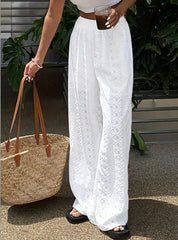 Boho White Hollow Out High Rise Slip-On Loose Beach Pants