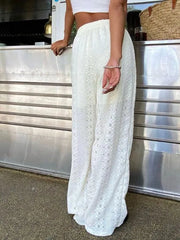 Boho White Hollow Out High Rise Slip-On Loose Beach Pants