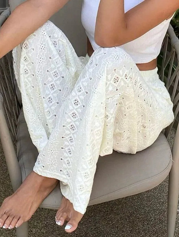 Boho White Hollow Out High Rise Slip-On Loose Beach Pants