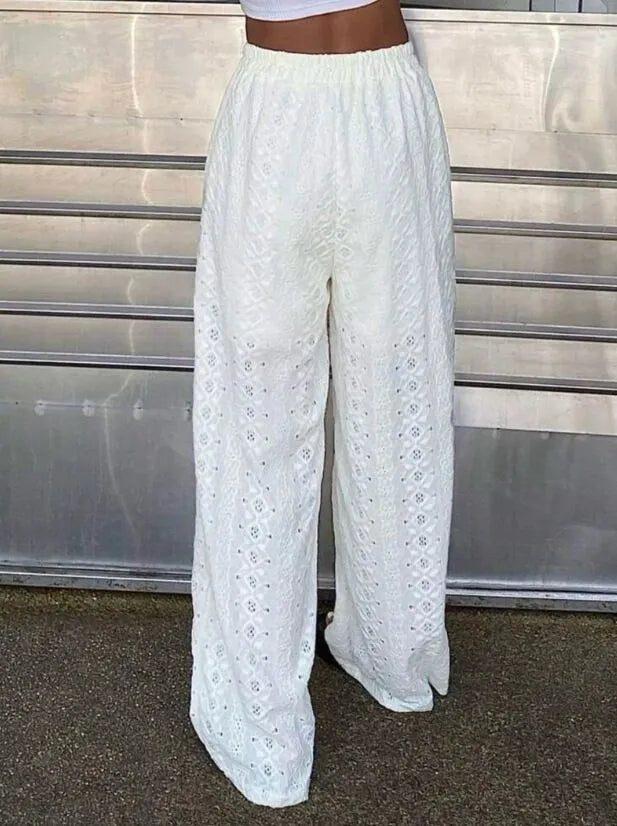 Boho White Hollow Out High Rise Slip-On Loose Beach Pants