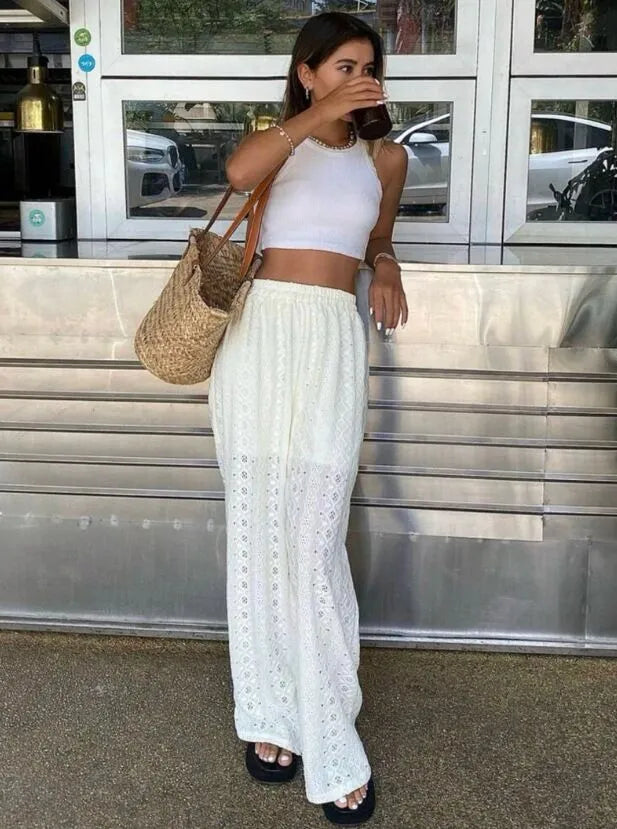 Boho White Hollow Out High Rise Slip-On Loose Beach Pants