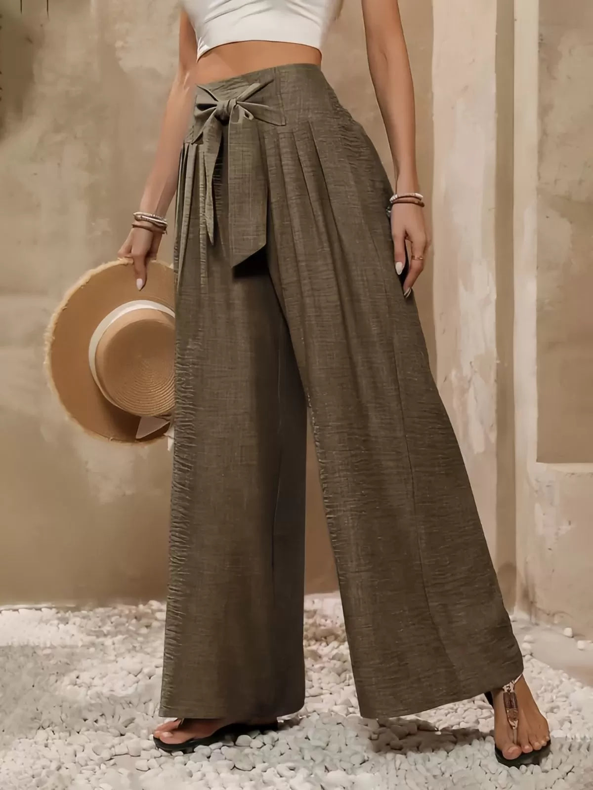Bow Stylish Loose Fitting High Waist Wide Leg Pants