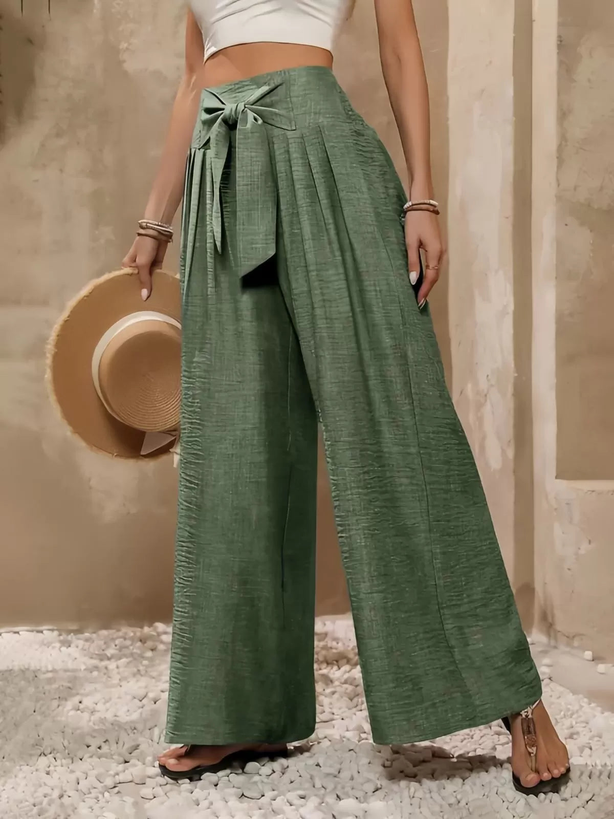 Bow Stylish Loose Fitting High Waist Wide Leg Pants