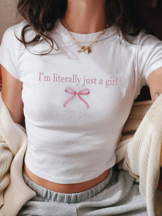 Bowtie Graphic Tee Crew Neck Letter Bow Print Crop T-shirt 1200